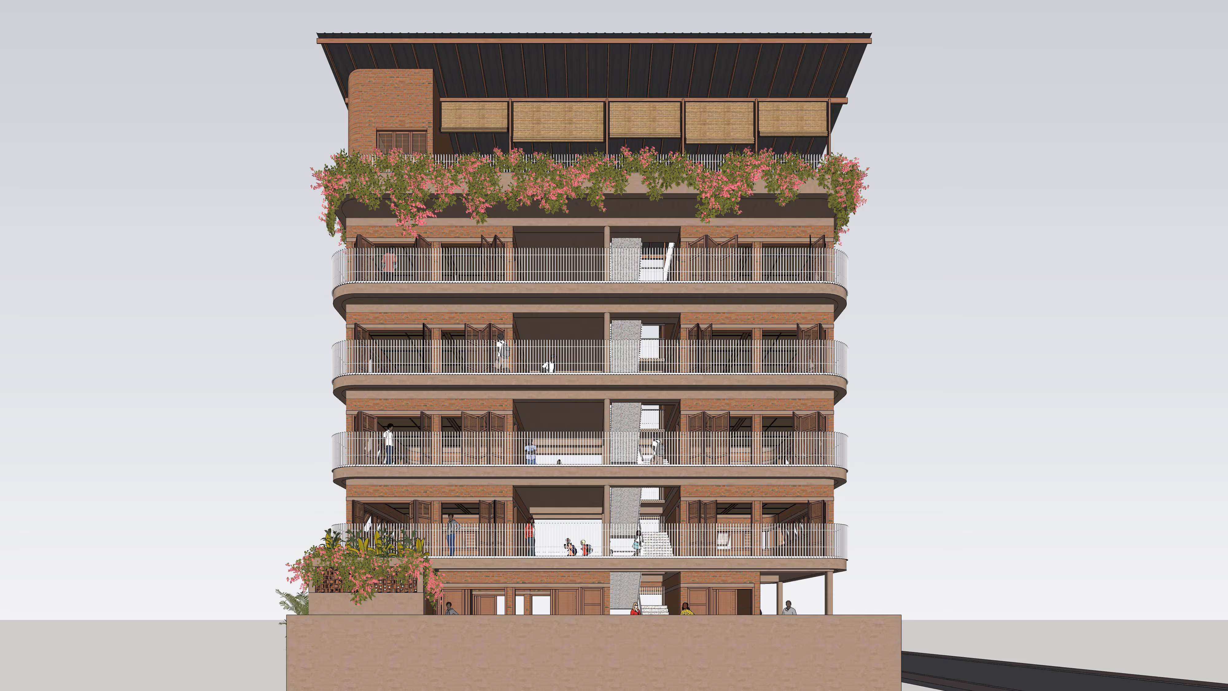 Architectural rendering of a covered plaza with stairs, brick wall, two columns, and people standing around.