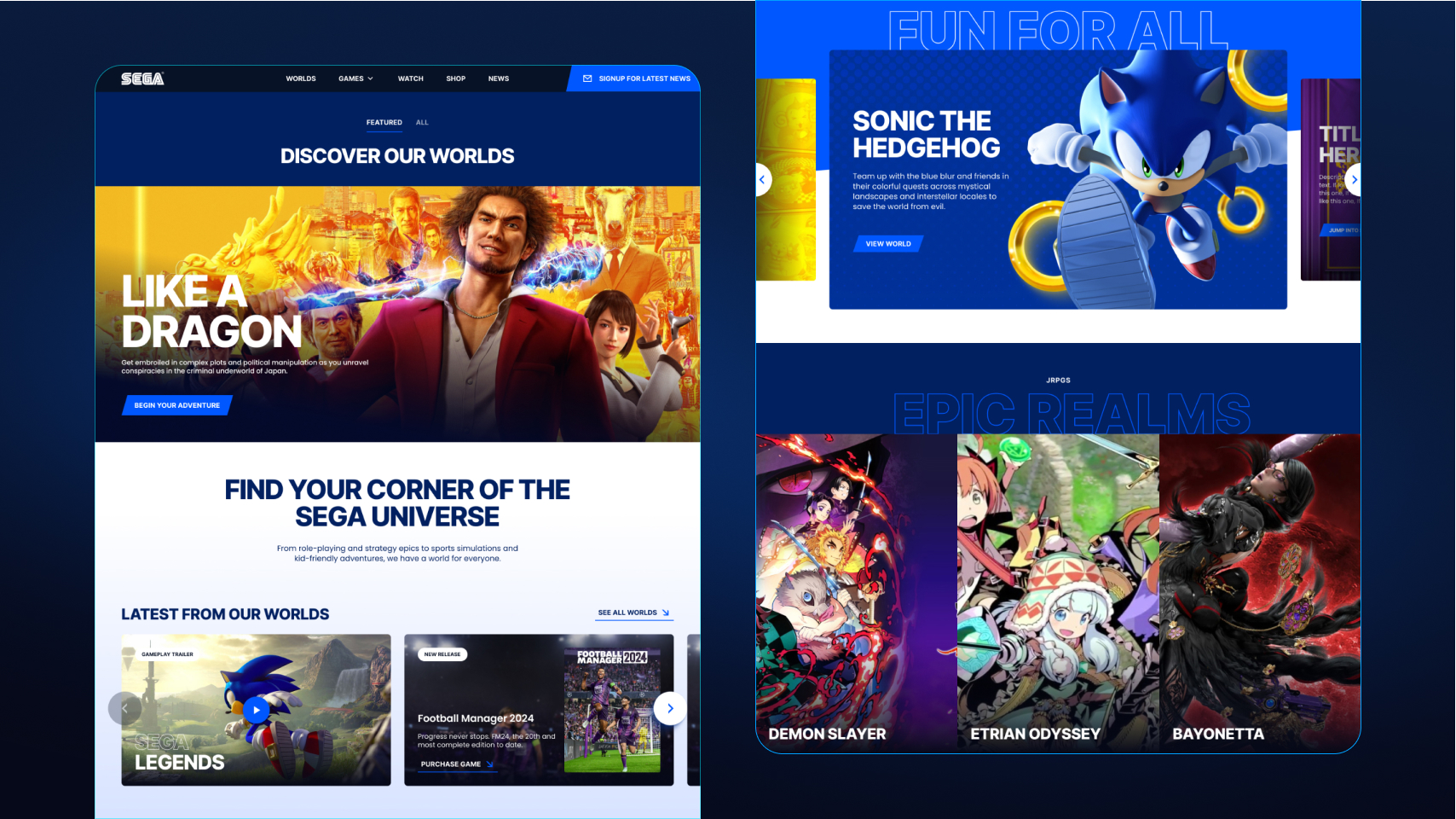 SEGA website homepage featuring game promotions including Like a Dragon, Sonic the Hedgehog, Demon Slayer, Etrian Odyssey, Bayonetta, and Football Manager 2024.