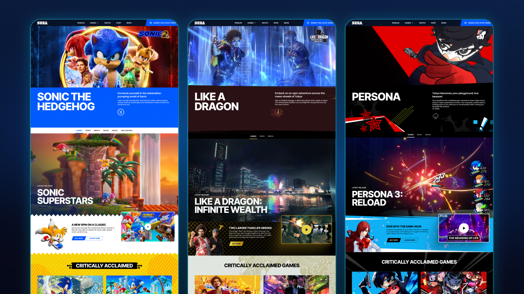 Screenshots of SEGA game websites featuring Sonic the Hedgehog, Like A Dragon, and Persona, showcasing game titles, characters, and gameplay visuals.