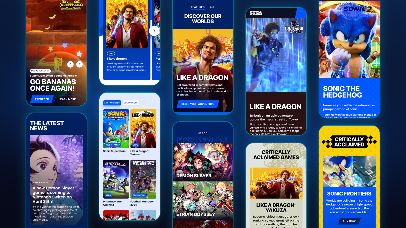Collage of SEGA game promotions featuring Like a Dragon, Sonic the Hedgehog, Sonic Superstars, Demon Slayer, and Football Manager 2024 with various colorful game art and headlines.