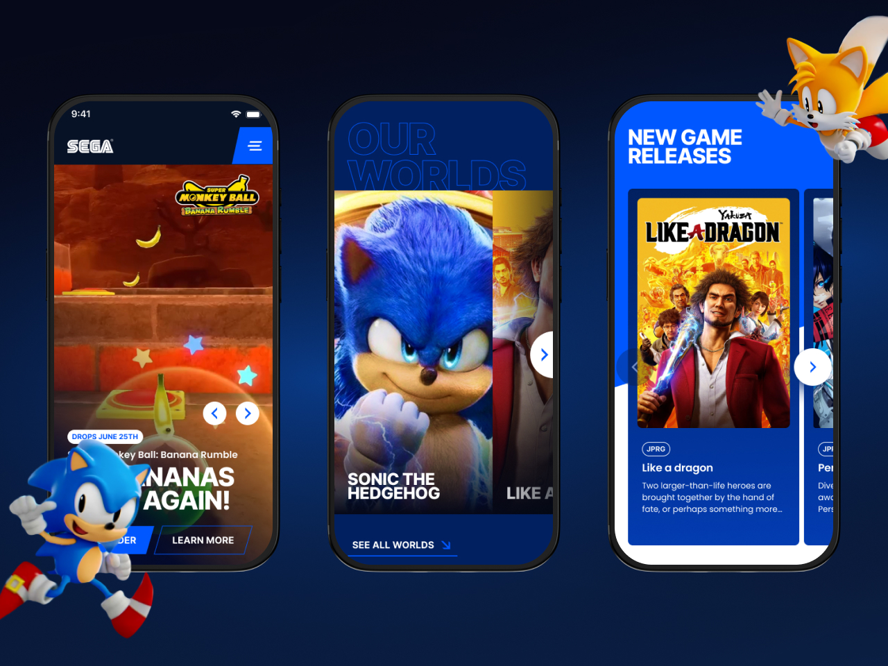Three smartphones display SEGA game content: left shows Super Monkey Ball: Banana Rumble, center shows Sonic the Hedgehog, right shows new game release Like a Dragon.