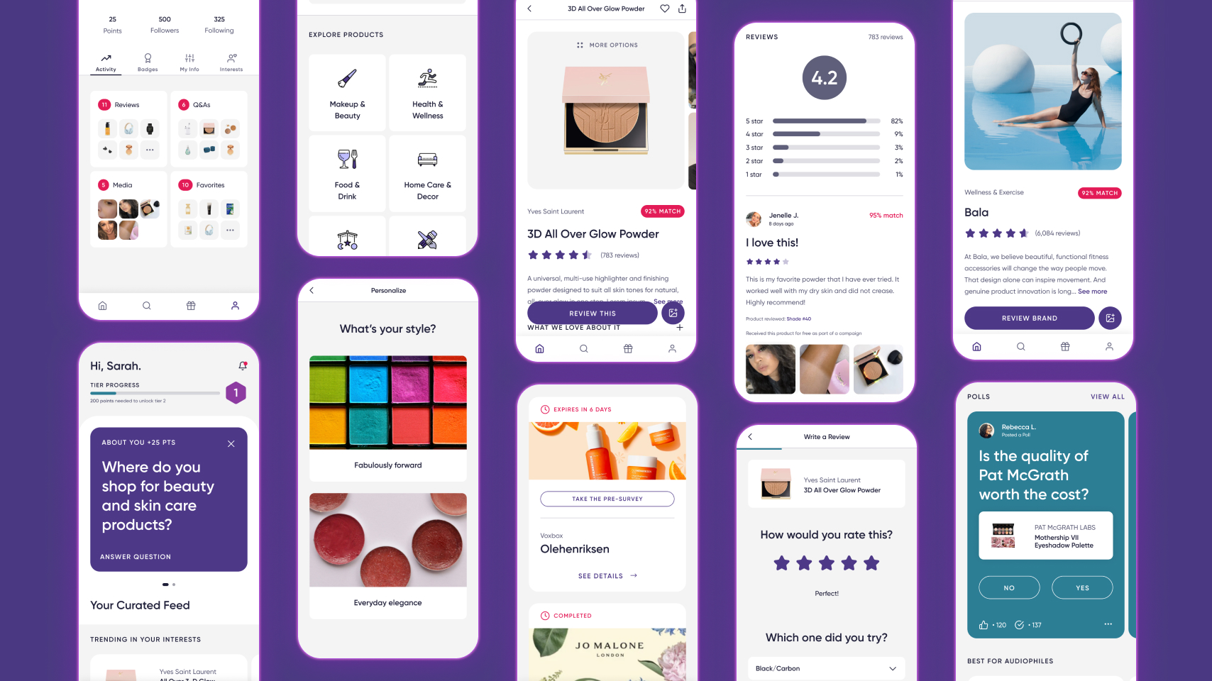 Collage of beauty and wellness app screens showing user profile, product categories, product details, reviews, style personalization, surveys, and polls with a purple background.