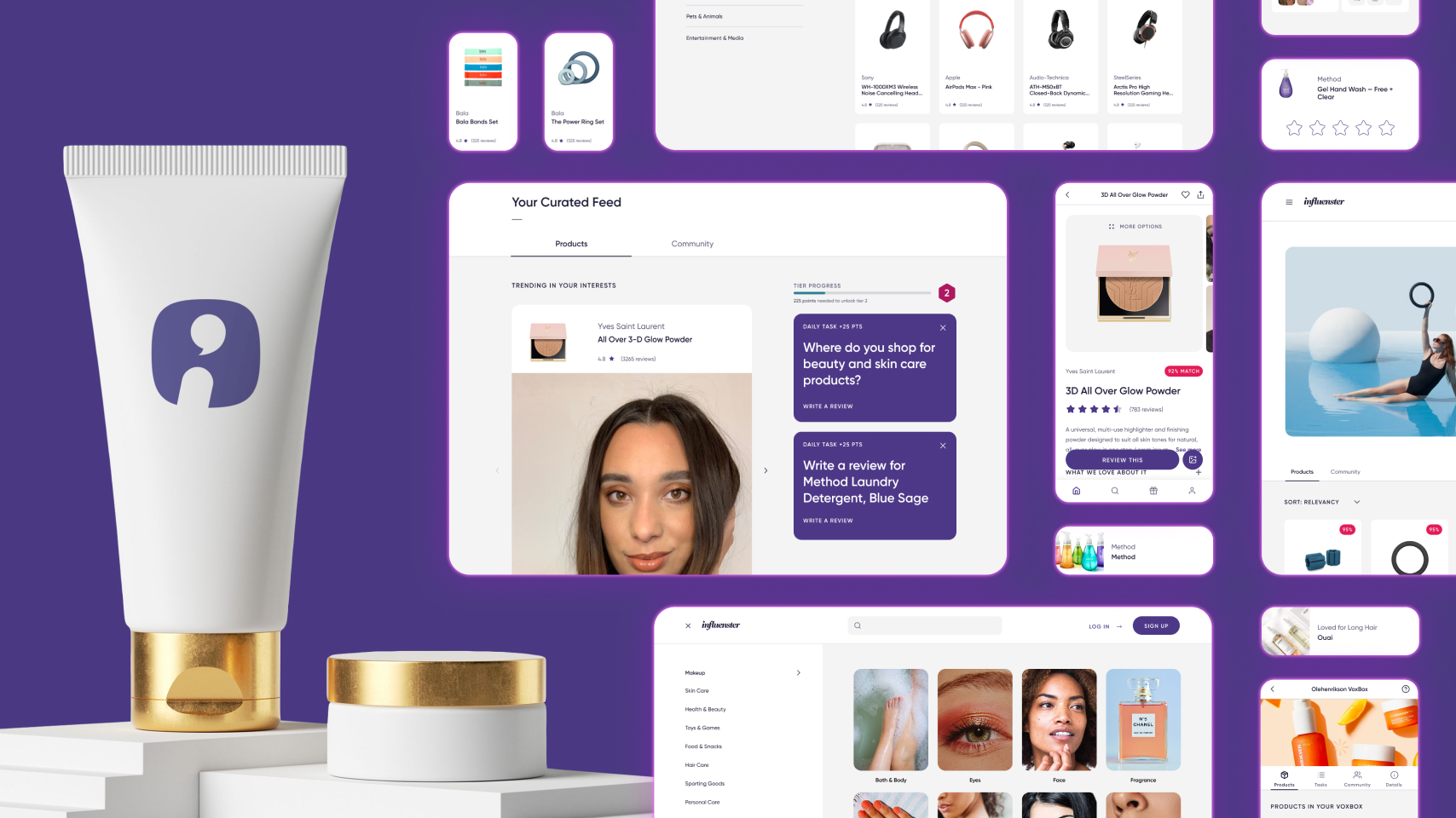 Two white cosmetic containers with gold lids in front of purple background displaying influenster app screens featuring product reviews and user photos.