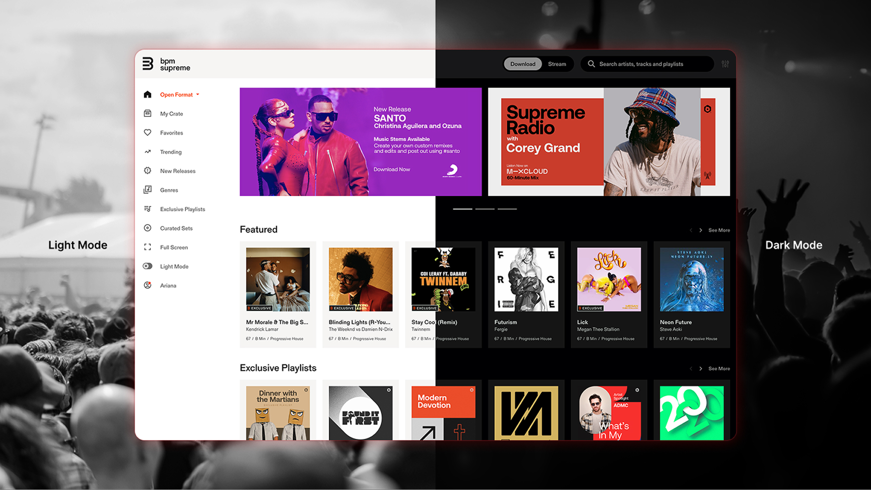 BPM Supreme interface split into light mode on the left and dark mode on the right, featuring playlists, new releases, and more.