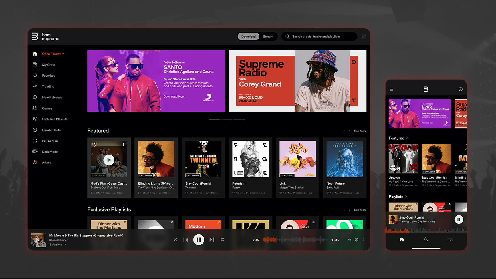 BPM Supreme streaming app interface showing featured tracks, exclusive playlists, and a playing bar on desktop and mobile screens.
