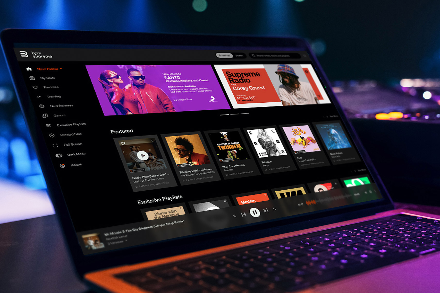 Laptop displaying BPM Supreme music streaming platform with featured songs, playlists, and a dark mode interface.