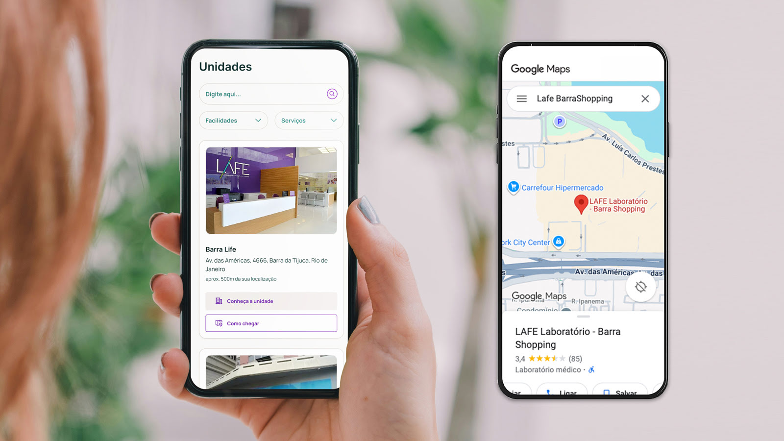 Site LAFE, visão mobile da navegação por Unidades e recurso rápido de "Como chegar"