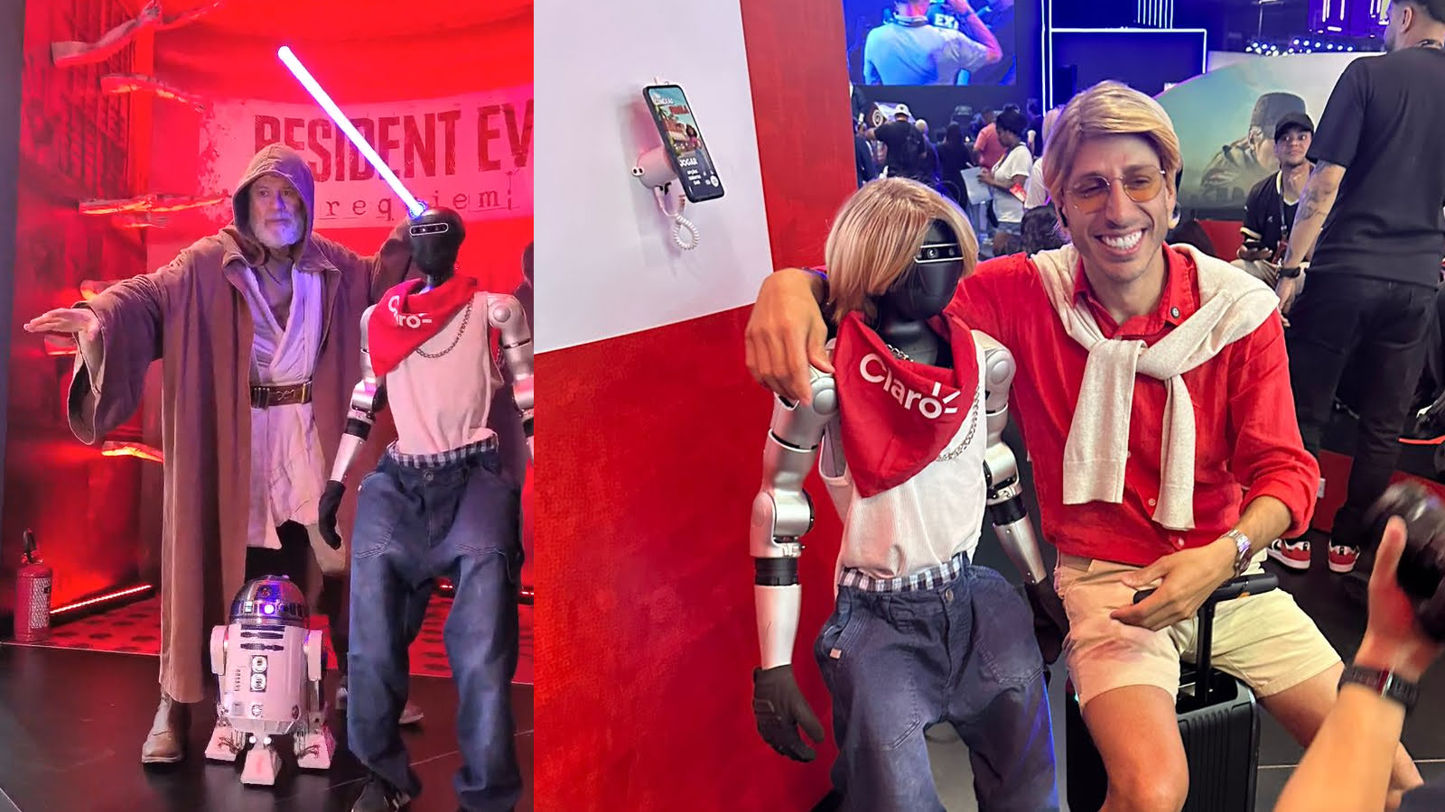 Tobias tirando fotos com cosplayers e com o Menzinho