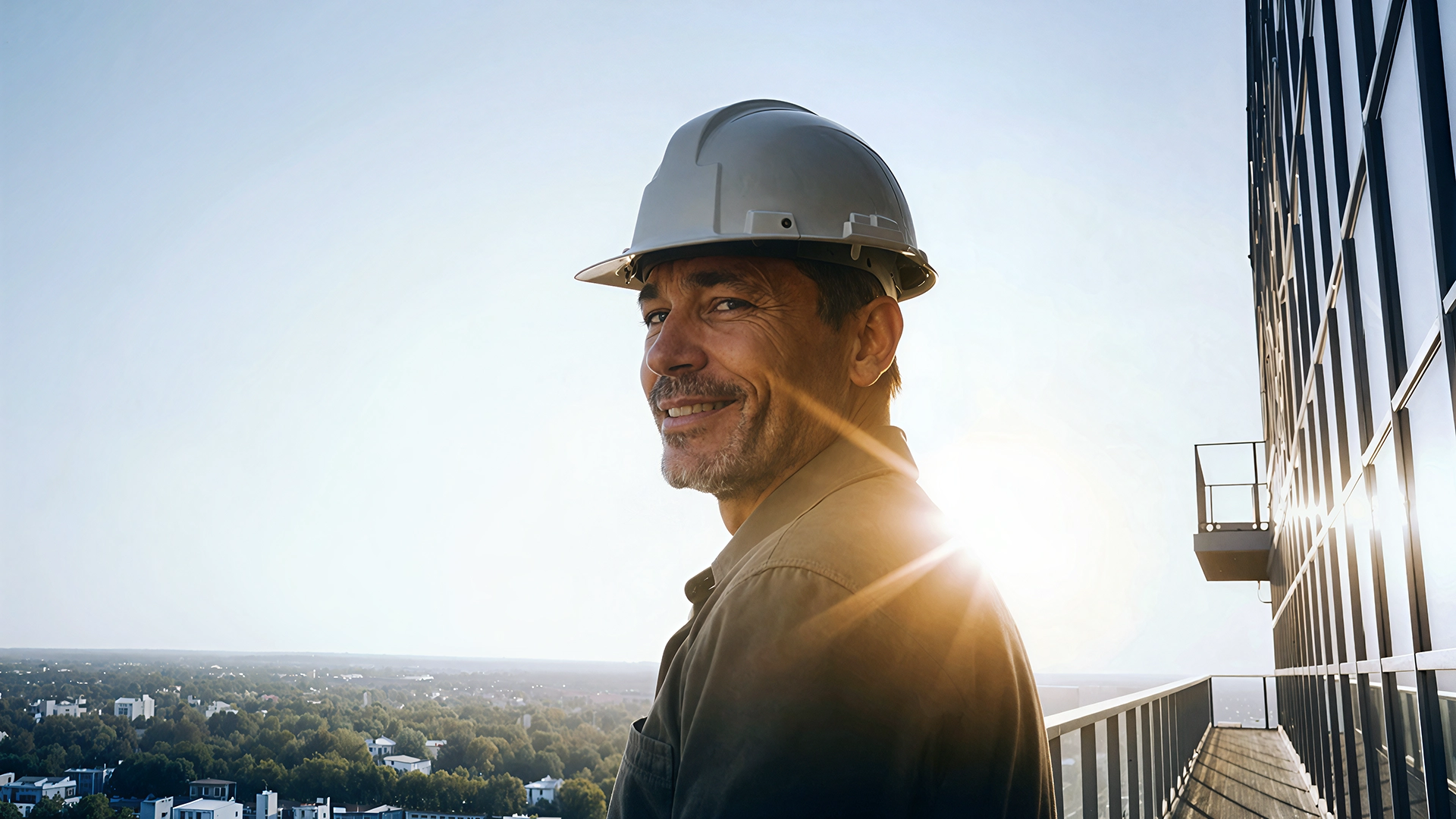 Construction worker in hard hat standing on industrial scaffolding at sunrise