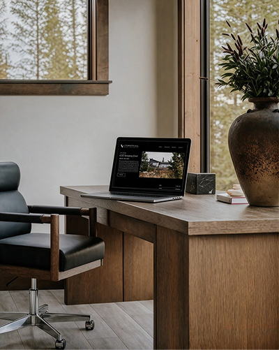 Laptop on a wood desk displaying a premium property listing page