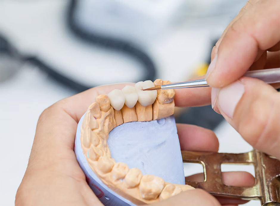A hand using a small brush to paint or detail a dental model of upper teeth.