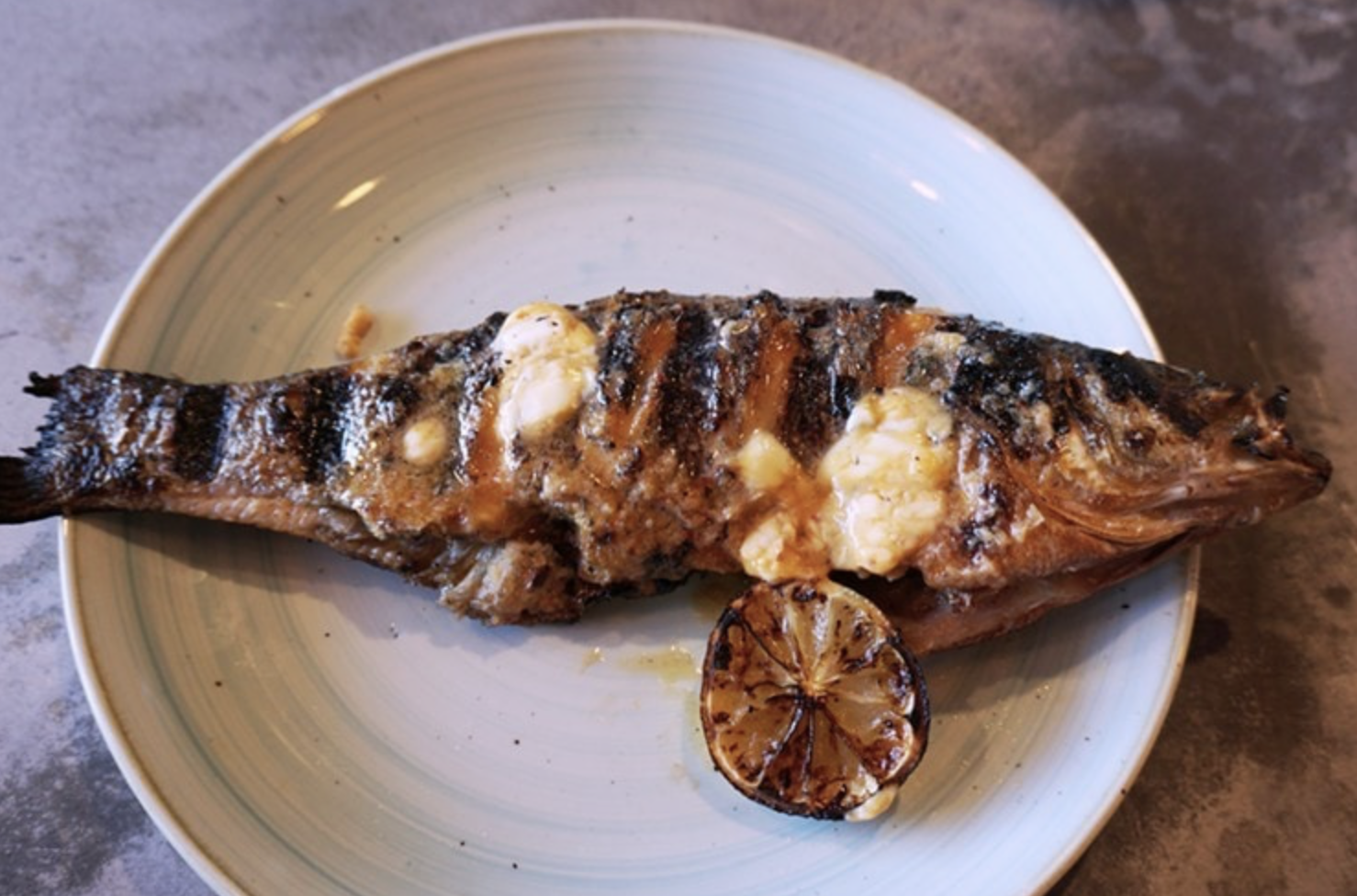 Fire grilled whole bass fish on a plate