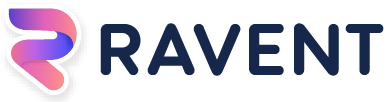 Ravent logo with stylized gradient R icon and dark blue text.