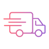 Pink and purple icon of a delivery truck with motion lines indicating speed.