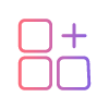 Four rounded squares arranged in a 2x2 grid with a plus sign in the upper right corner, colored in a pink to purple gradient.