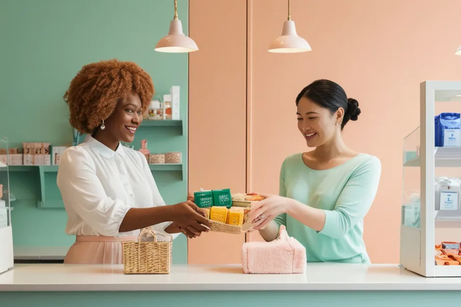 Twee vrouwen glimlachen terwijl ze een mand met producten overhandigen in een winkel met pastelkleurige muren.