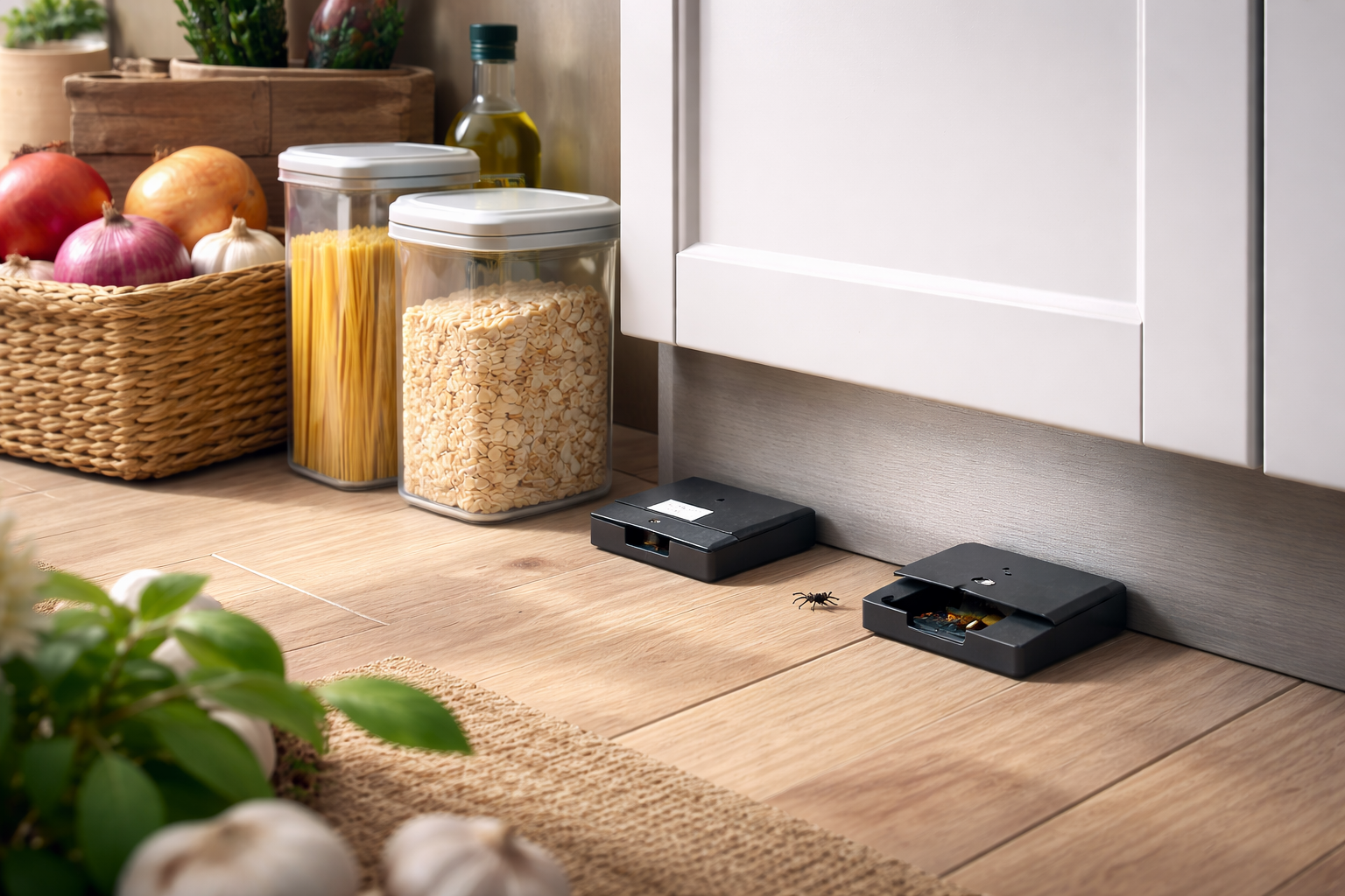 Kitchen baseboard area showing pest control monitoring traps and sealed food storage in a residential home