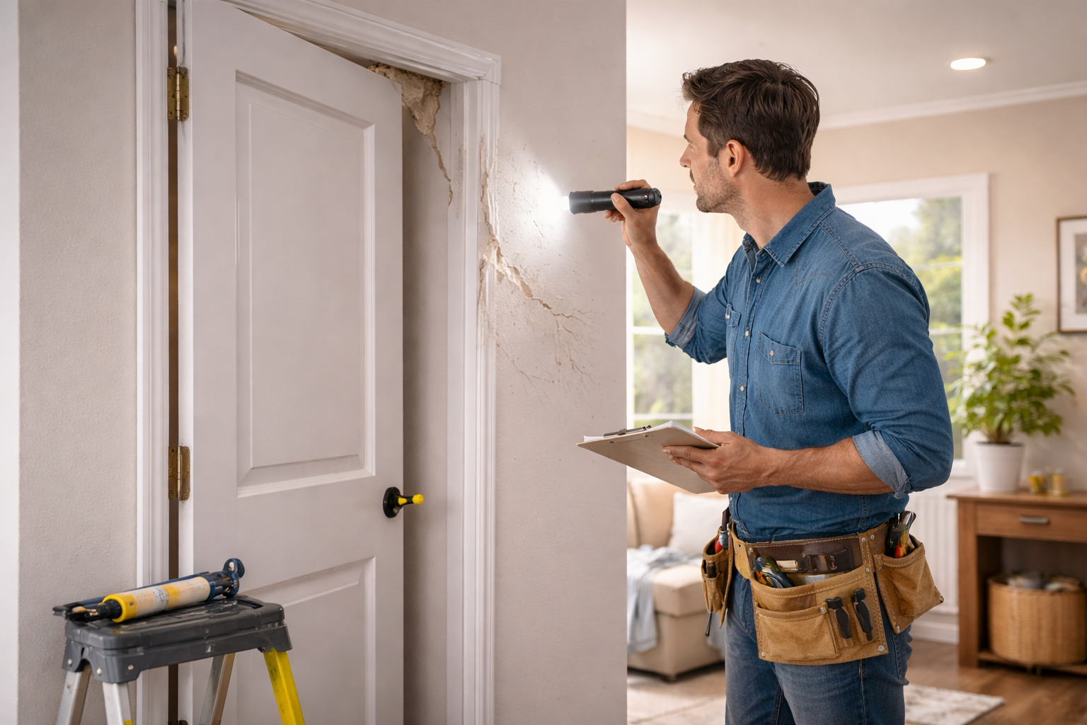 Home interior showing minor wall damage and a sticking door being inspected during general repairs troubleshooting