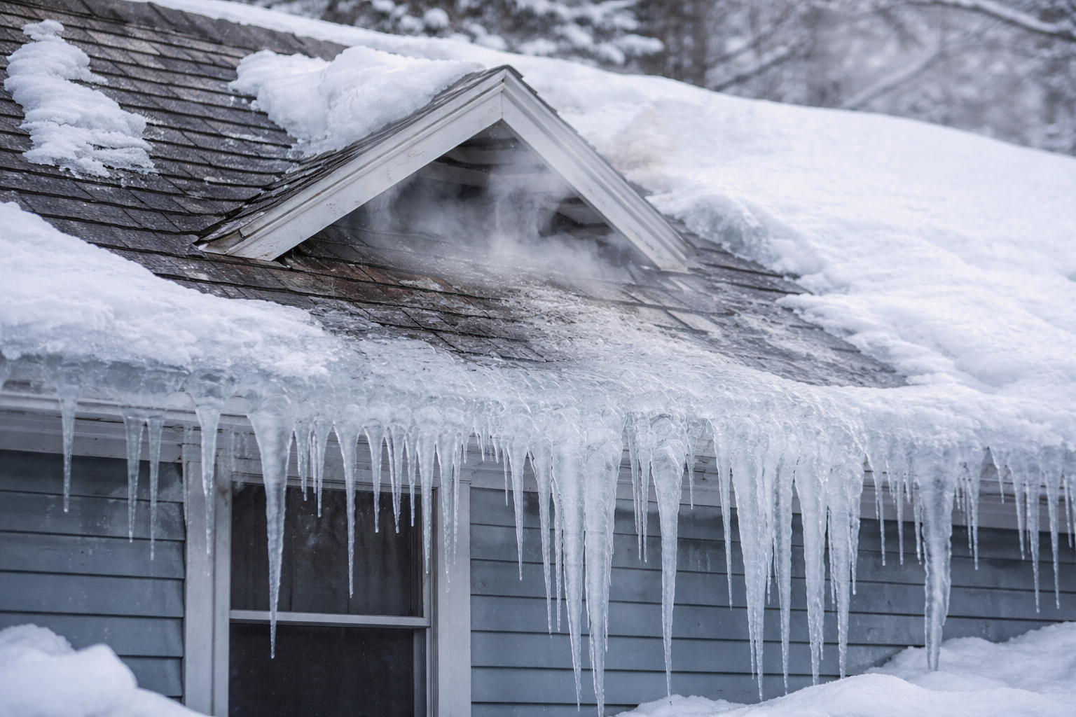ice dams forming on roof example in a residential home