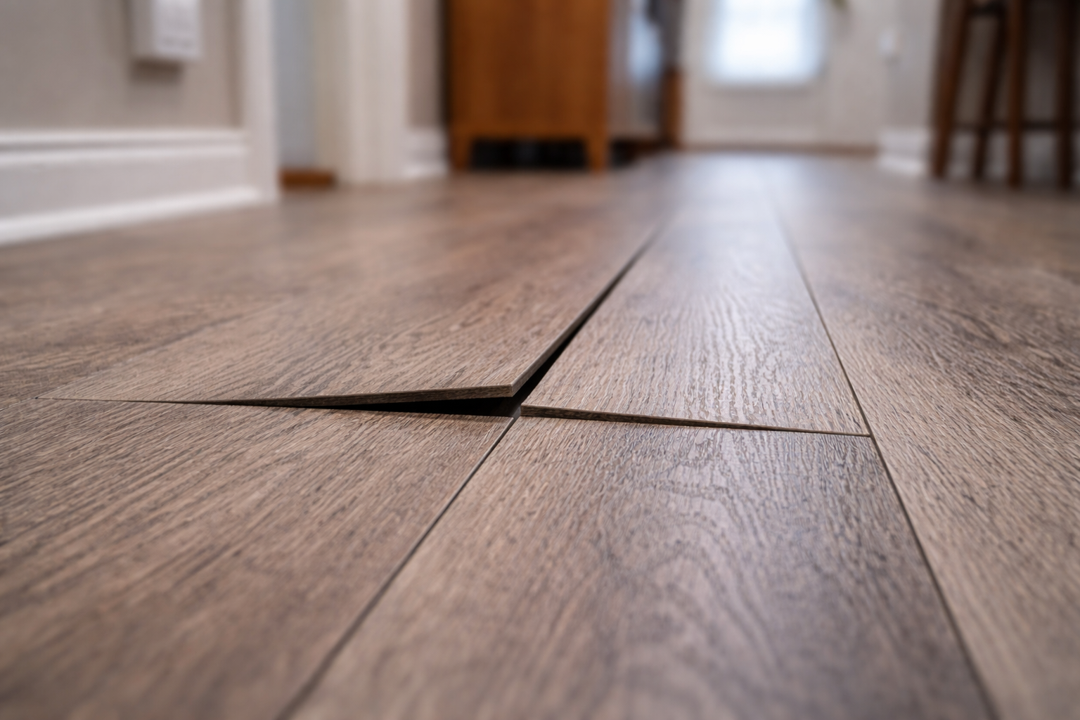 Luxury vinyl plank floor with visible gaps where several planks have separated along the seams.