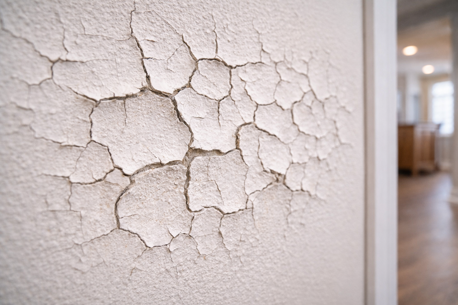 Close-up of cracked and alligatored paint on a painted surface.