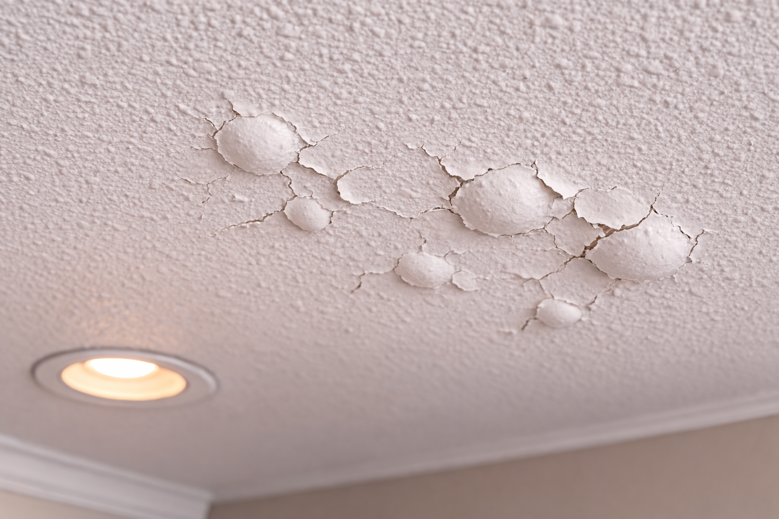 Bathroom ceiling with bubbled paint blisters and peeling finish near moisture-prone area