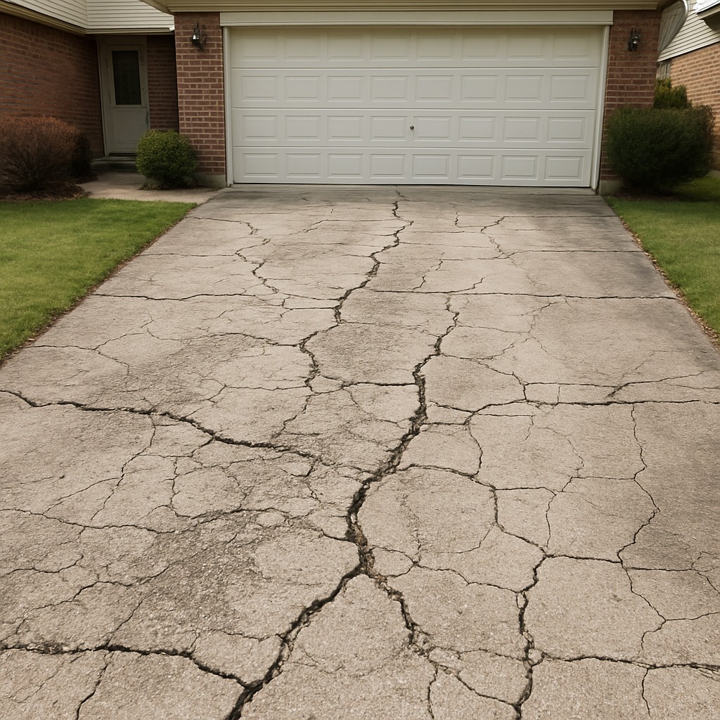 Wide concrete driveway with multiple branching cracks spreading across the surface near the garage.