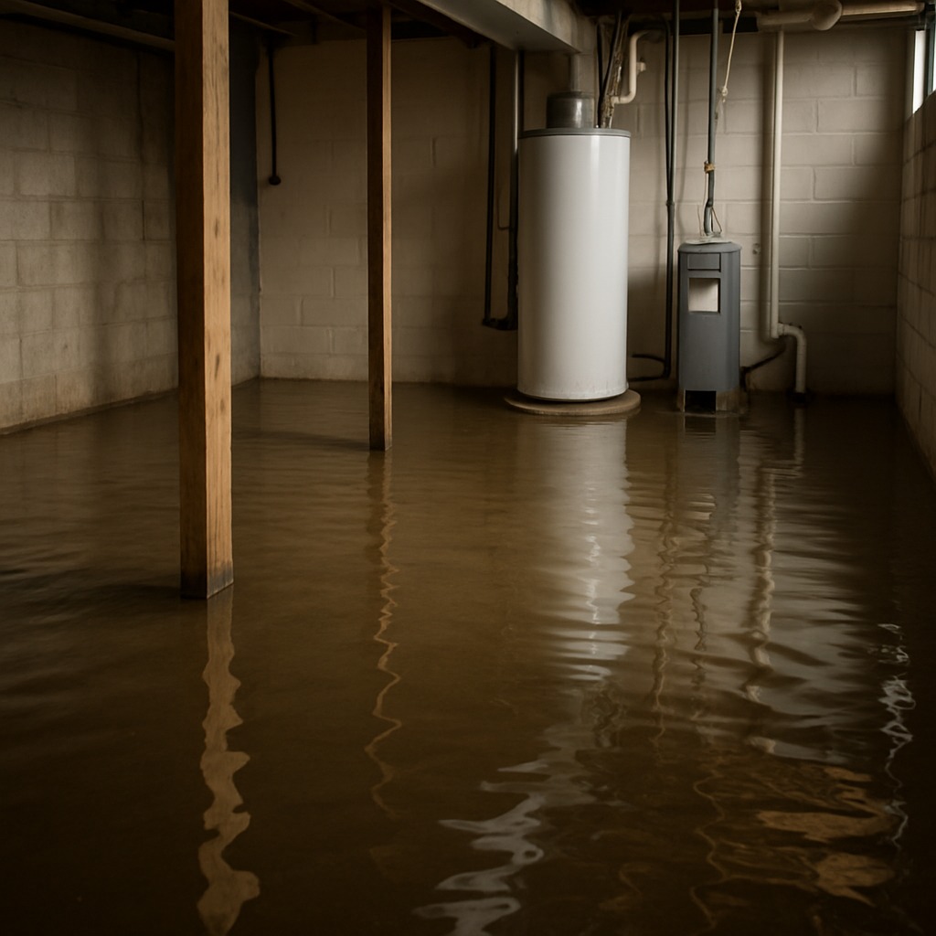 Residential basement floor covered in standing water with soaked cardboard boxes and wet concrete walls visible