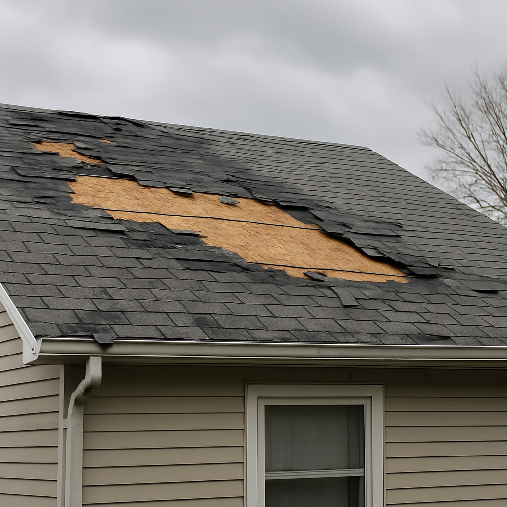 Several asphalt roof shingles missing from a residential roof exposing dark underlayment underneath