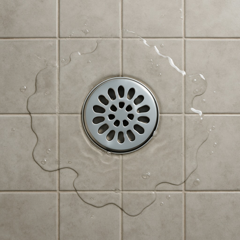 Close-up of a clogged shower drain cover with visible hair and soap scum buildup causing slow drainage.