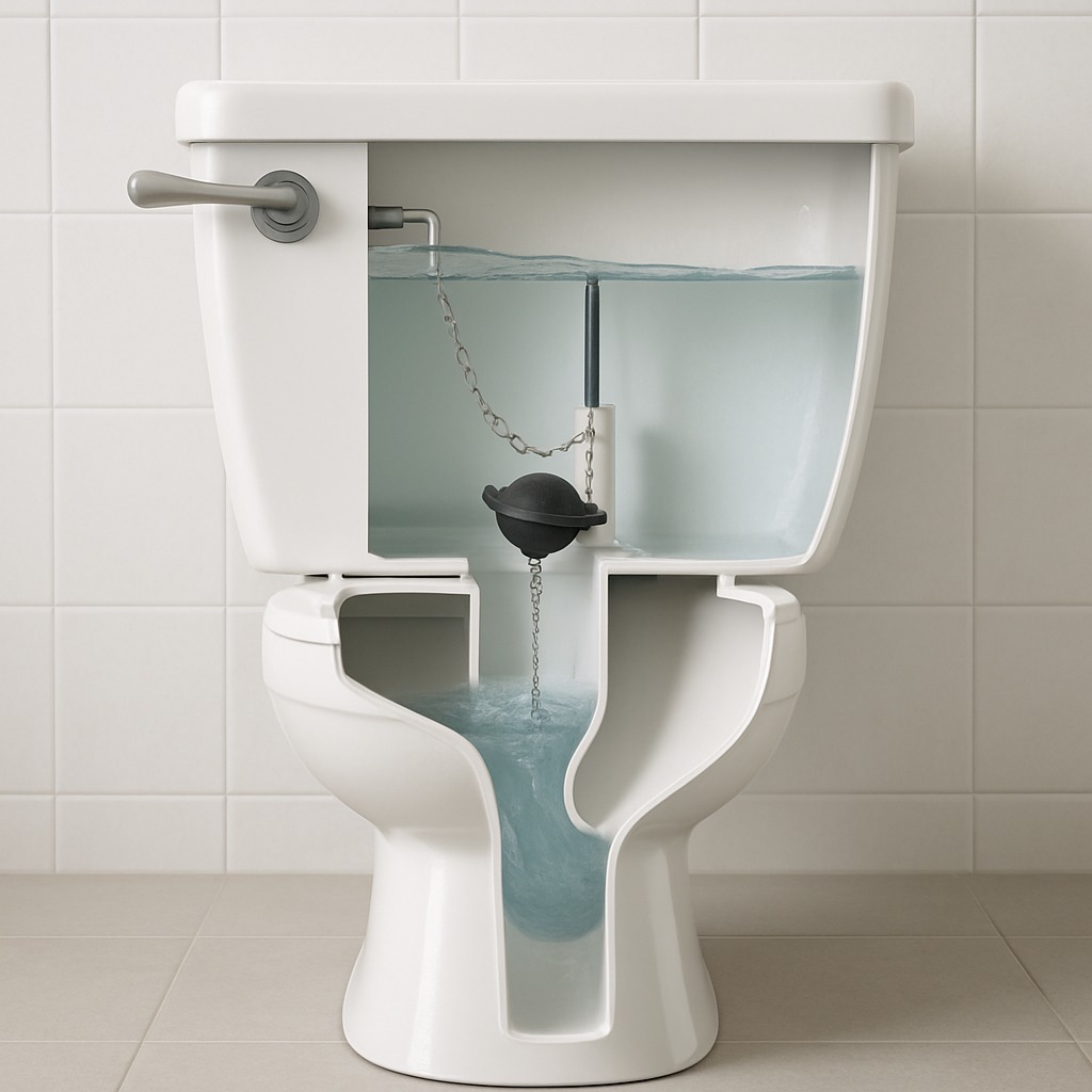 Close-up view of an open toilet tank showing disconnected flush chain and worn flapper valve