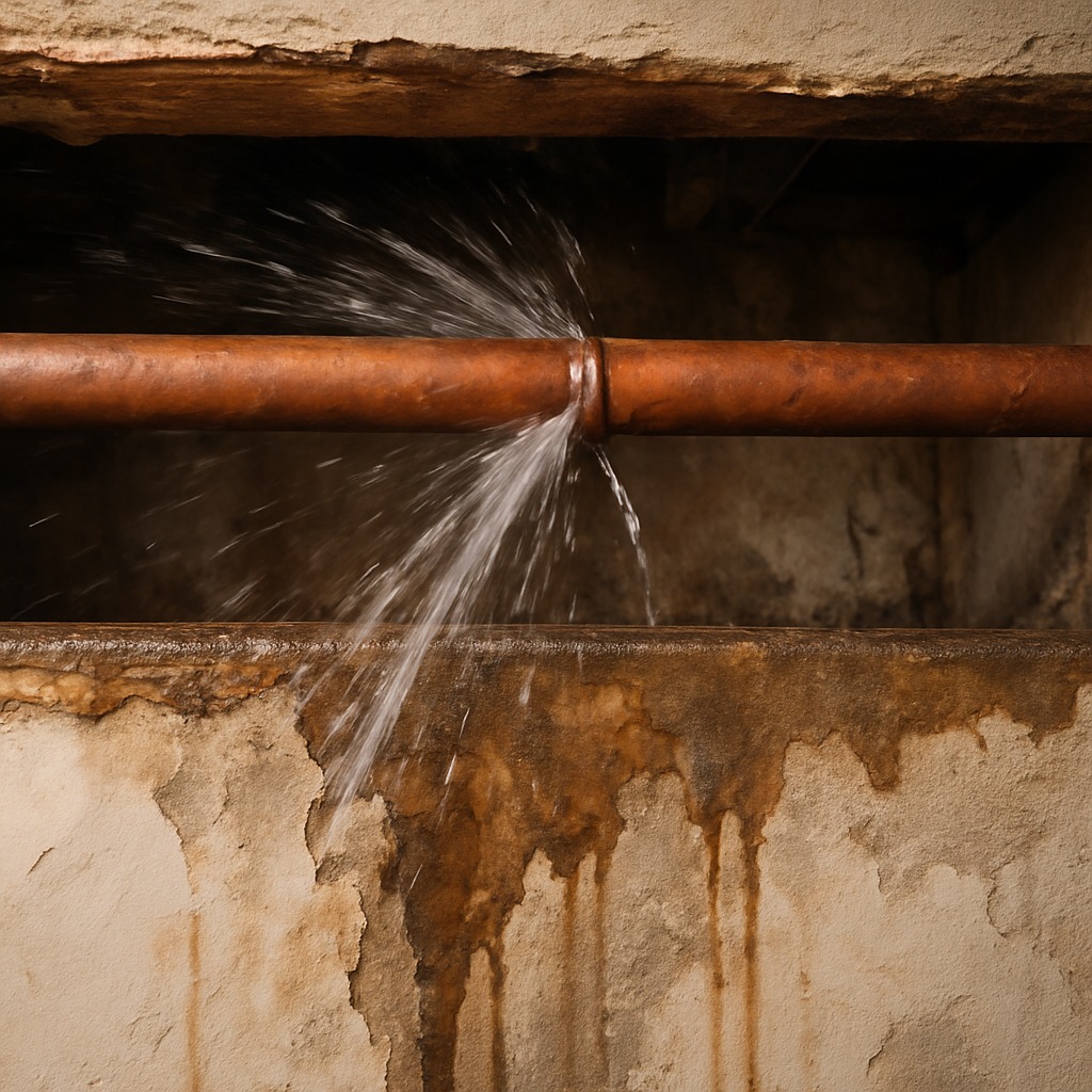 Burst copper pipe spraying water inside a residential wall cavity with visible flood damage below
