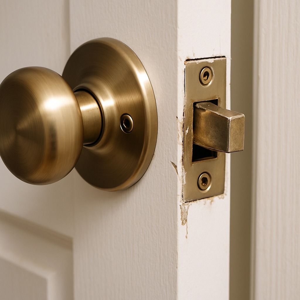 Close-up of a residential deadbolt lock cylinder showing visible wear and misalignment with the door frame strike plate.