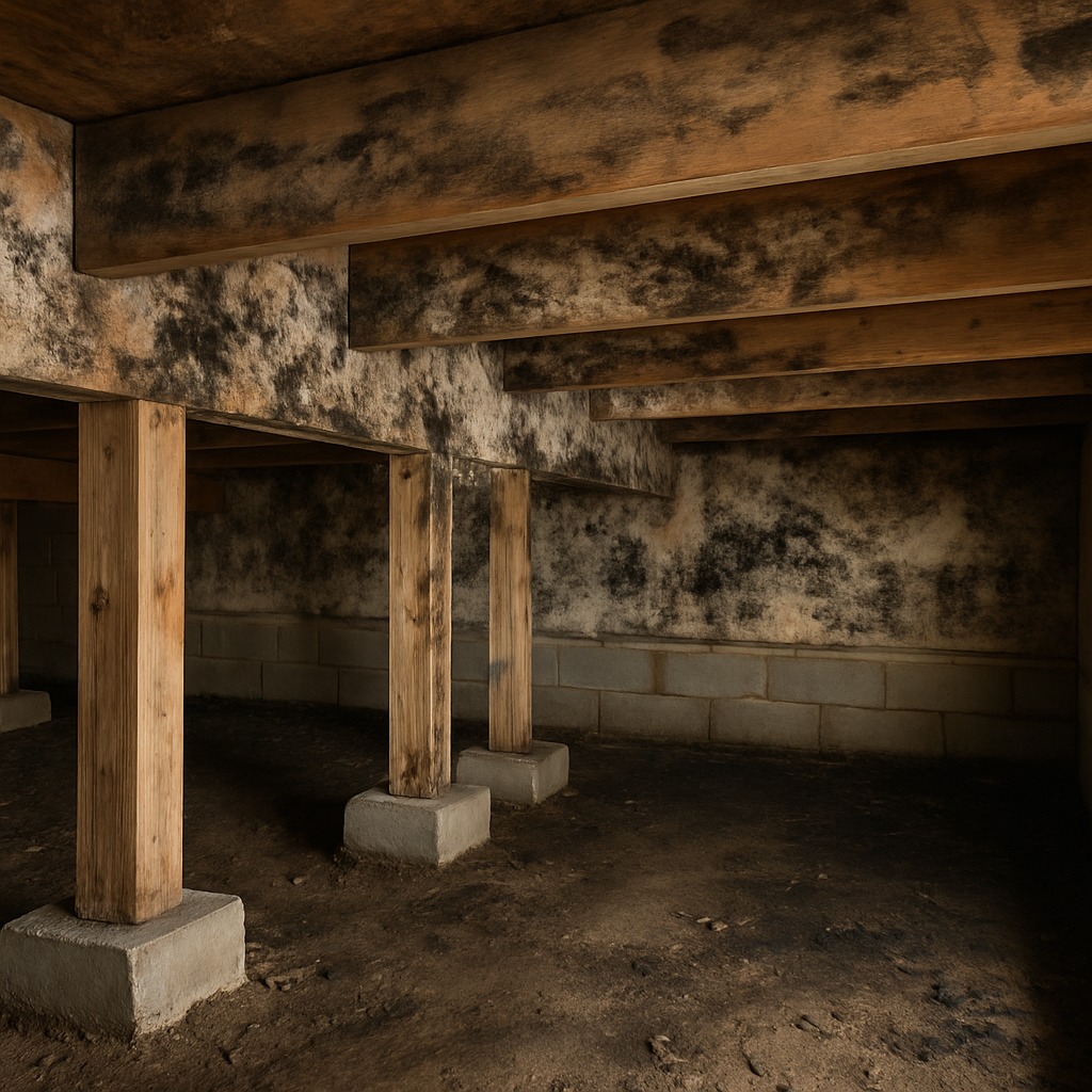 Damp crawlspace showing wet soil, sagging insulation, and moisture stains on wooden floor joists