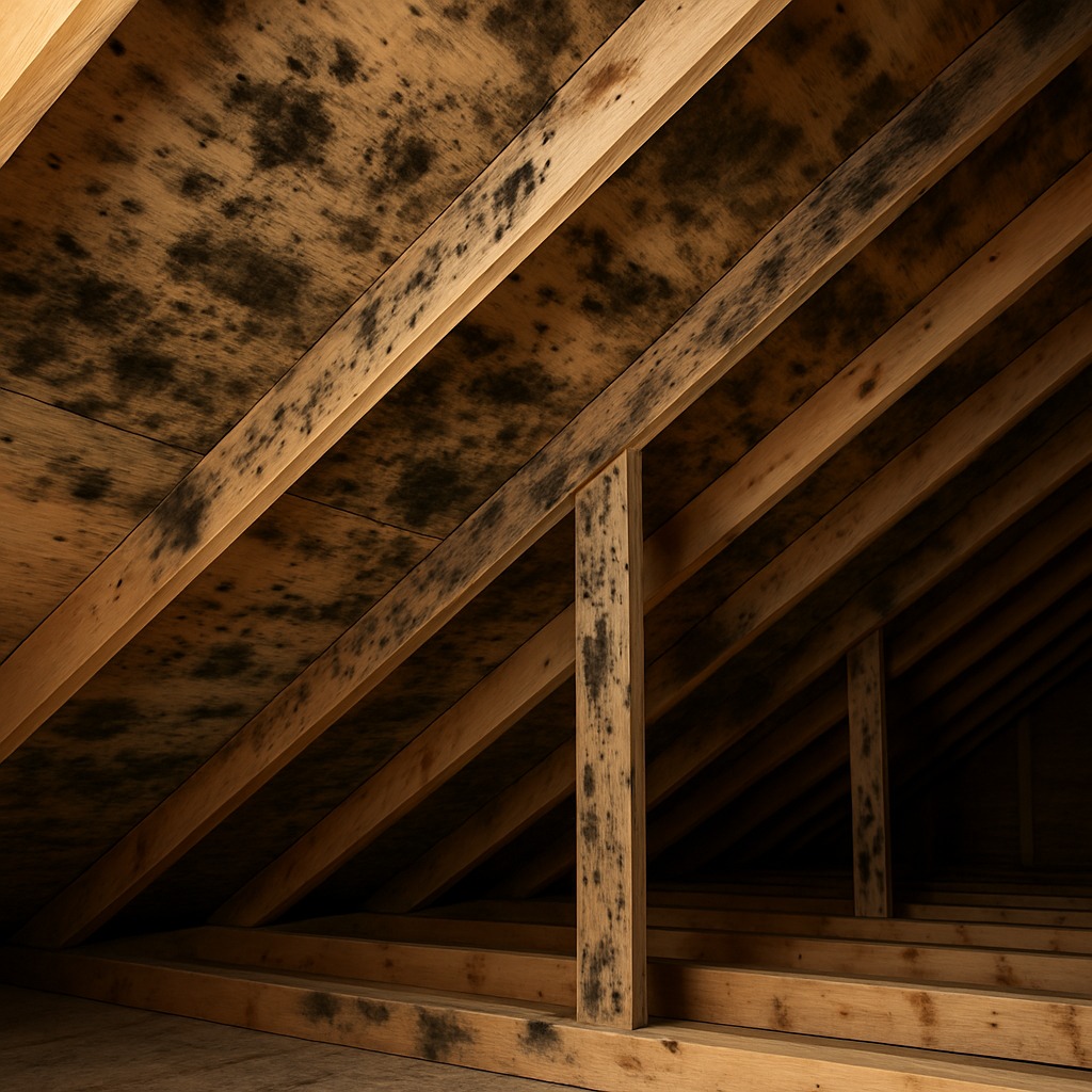 Dark black mold growth covering wooden roof sheathing and rafters inside a residential attic