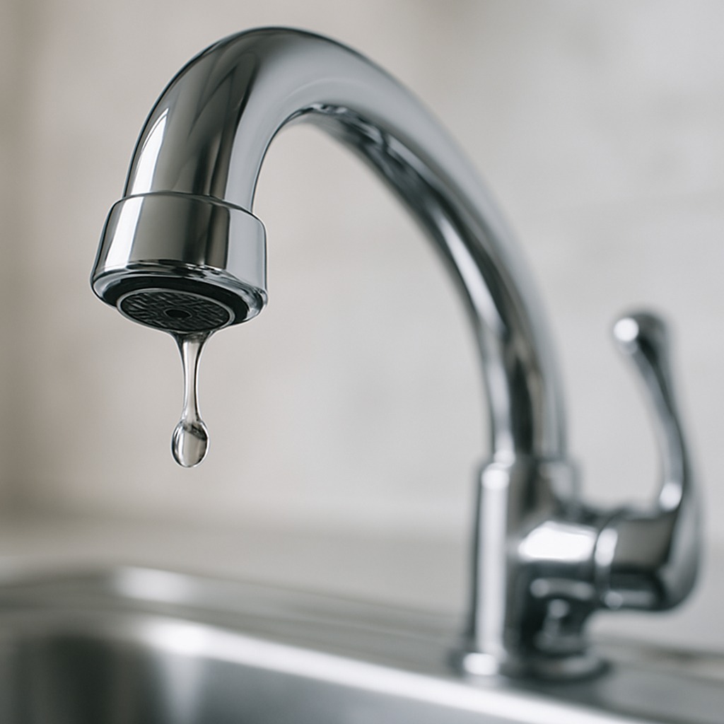 Close-up of a chrome kitchen faucet spout with a water droplet forming at the tip.
