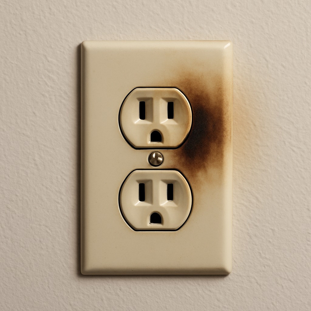 Discolored electrical outlet cover plate on white wall showing brown scorch marks from overheating