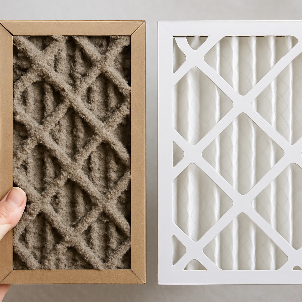 Severely clogged gray HVAC air filter held next to a clean white replacement filter