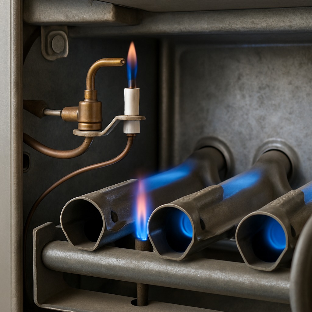 Closeup of a gas furnace pilot light assembly with small blue flame burning near burner tubes.