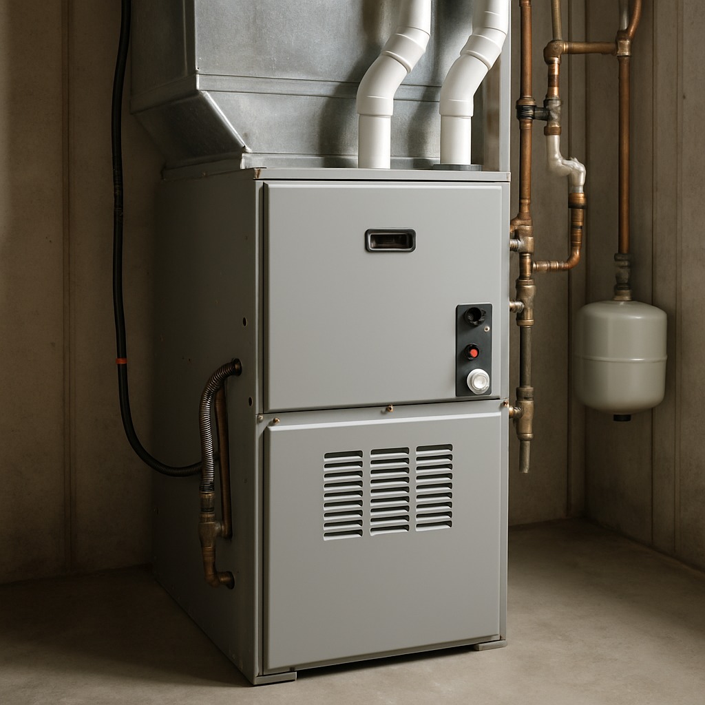 HVAC technician inspecting a loud residential gas furnace with cabinet panel open