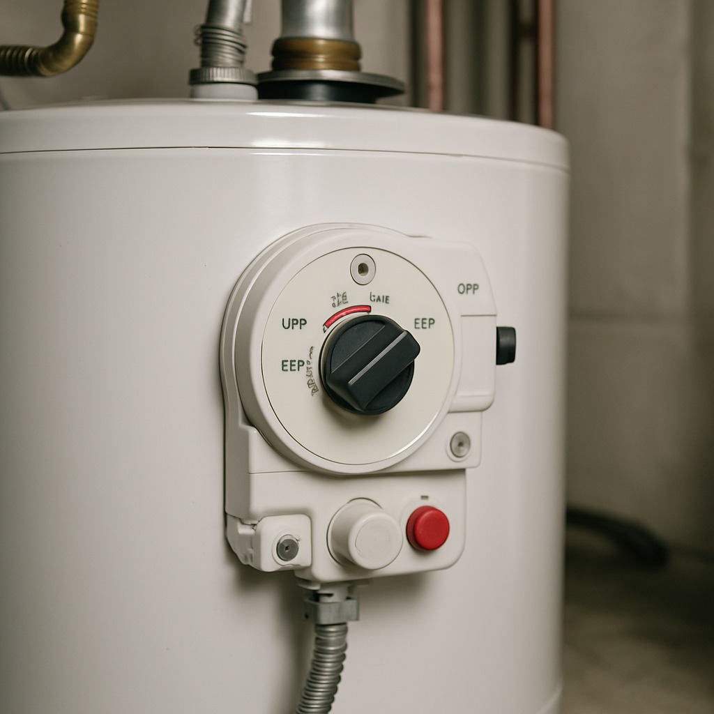 Technician inspecting a residential gas water heater with no hot water output in a utility room