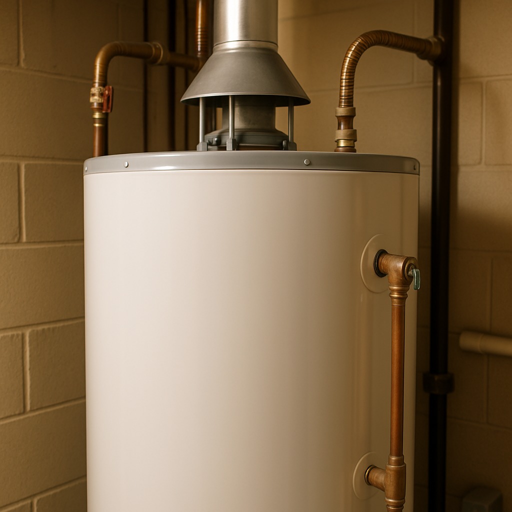Homeowner listening to rumbling noise coming from aging residential water heater tank in basement utility room.