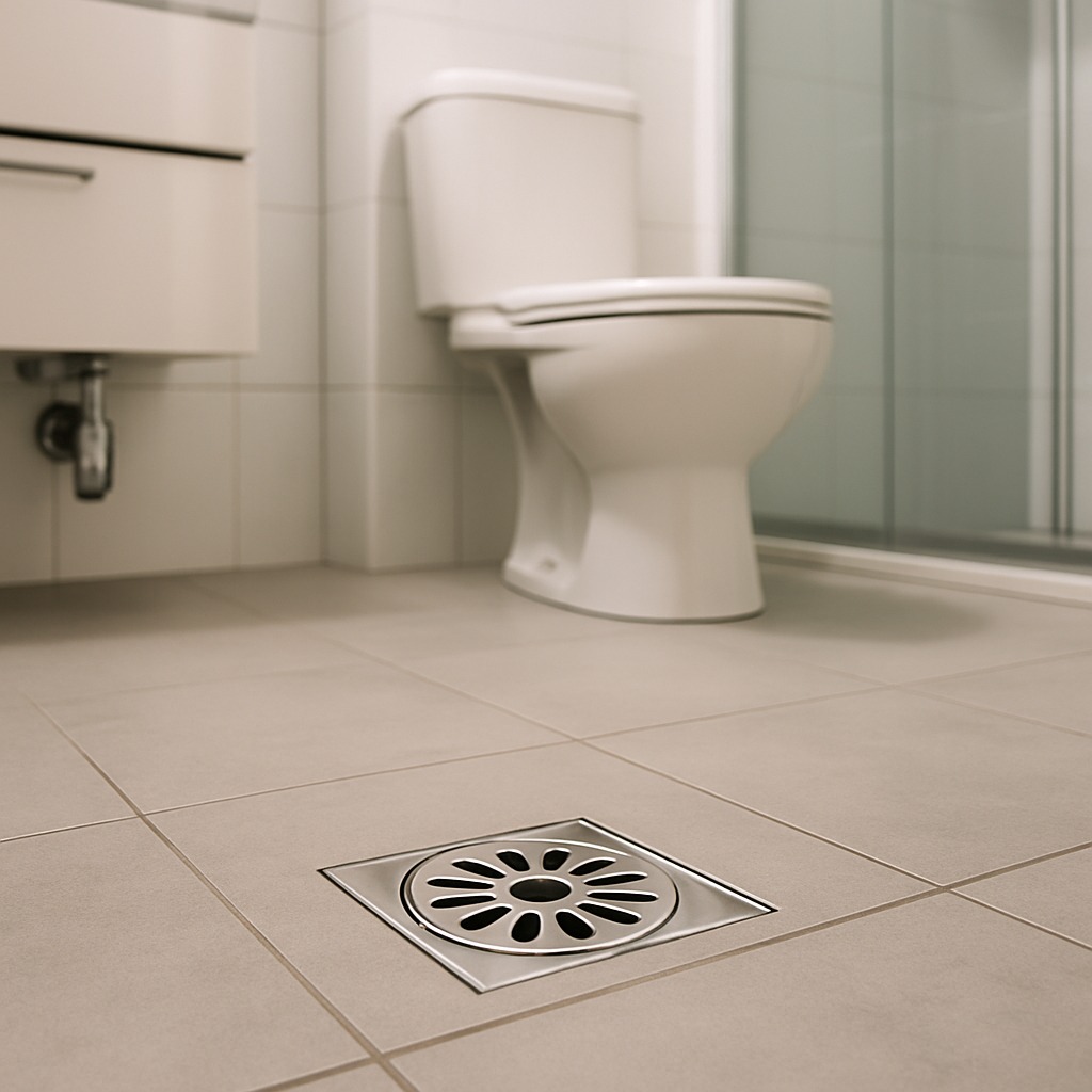Homeowner investigating sewage smell near bathroom floor drain with visible P-trap pipe underneath sink cabinet