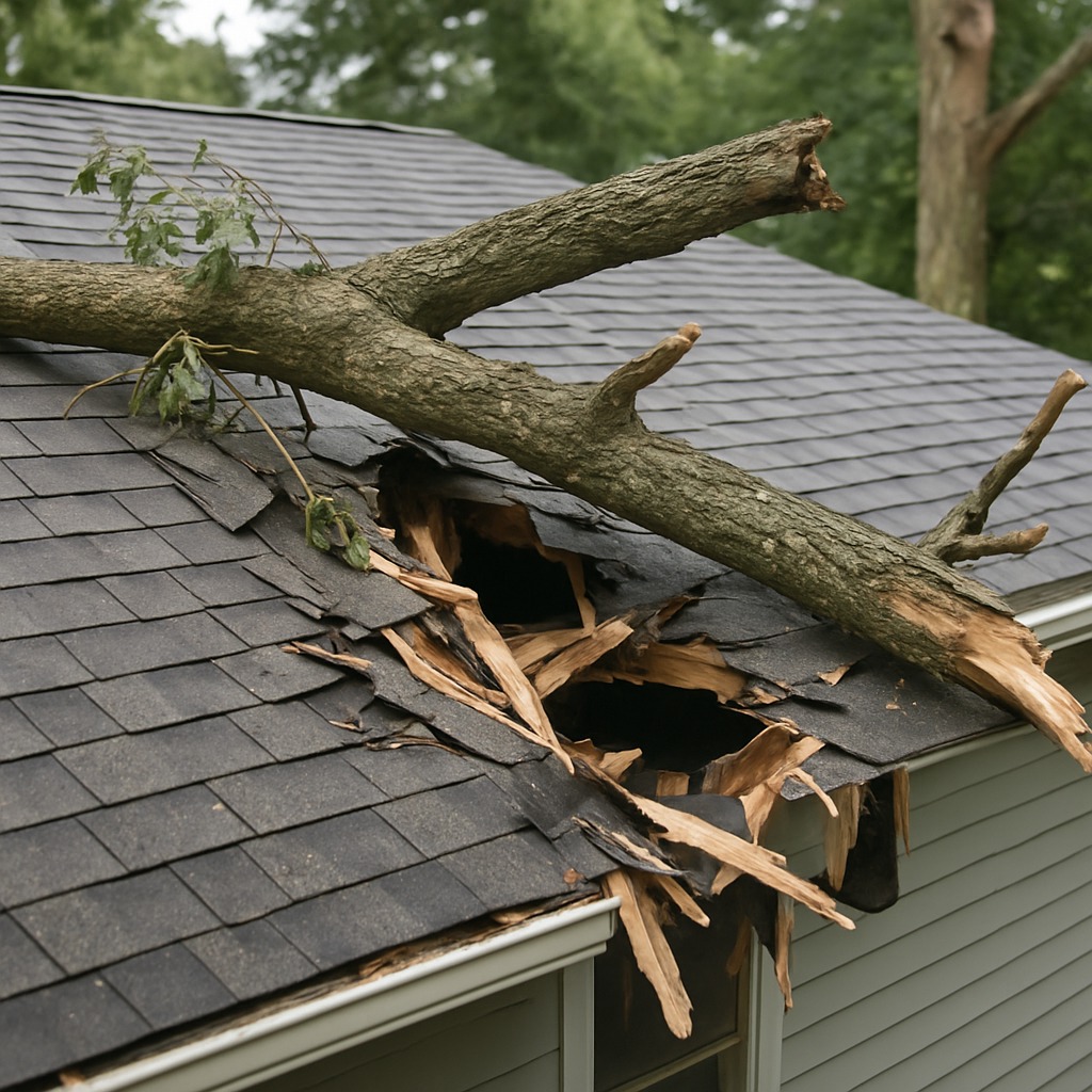 Large fallen tree crushing through residential roof with exposed rafters and damaged shingles visible