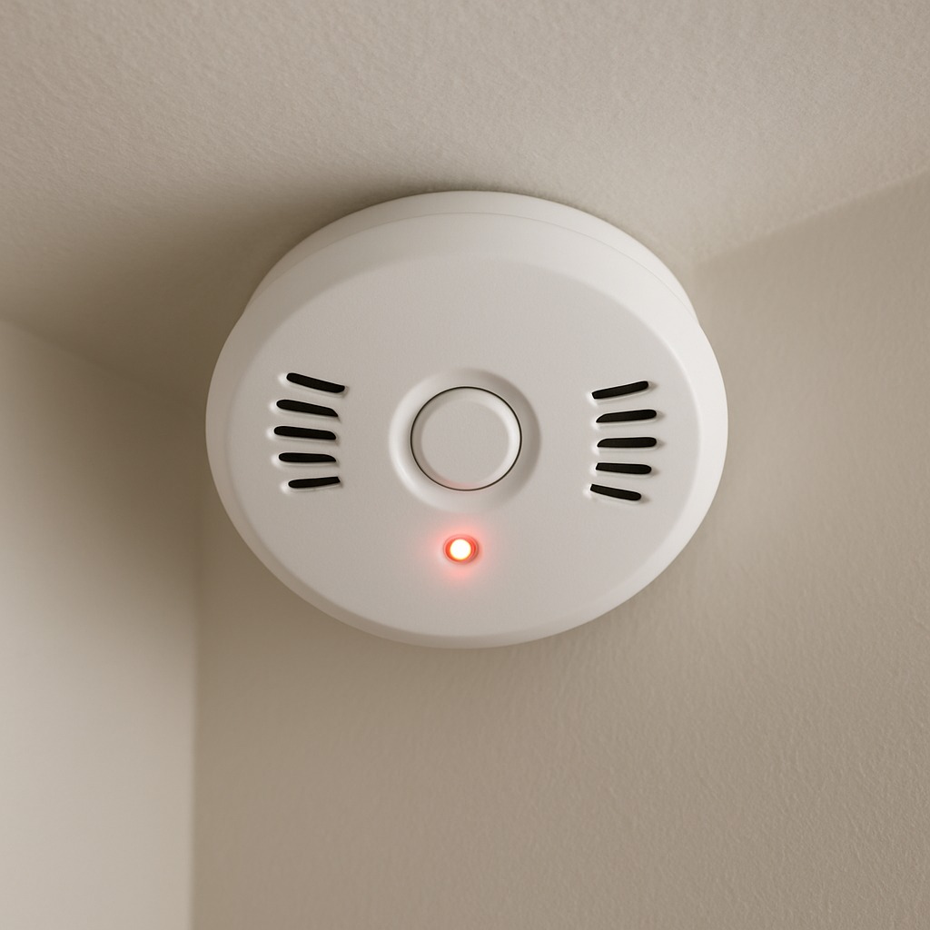 White carbon monoxide detector mounted on wall near furnace room displaying alarm indicator light