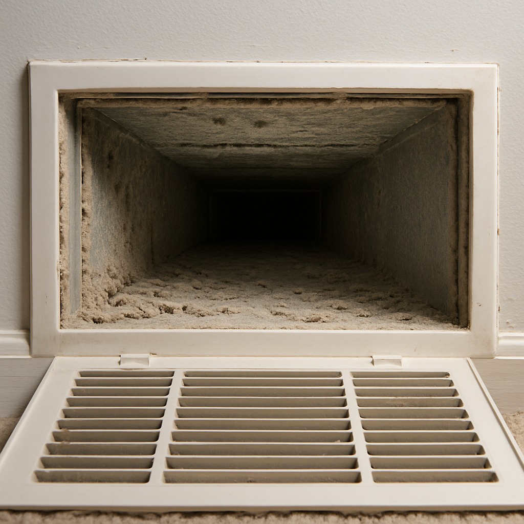 Close-up of a dirty residential air duct vent register covered in thick gray dust buildup