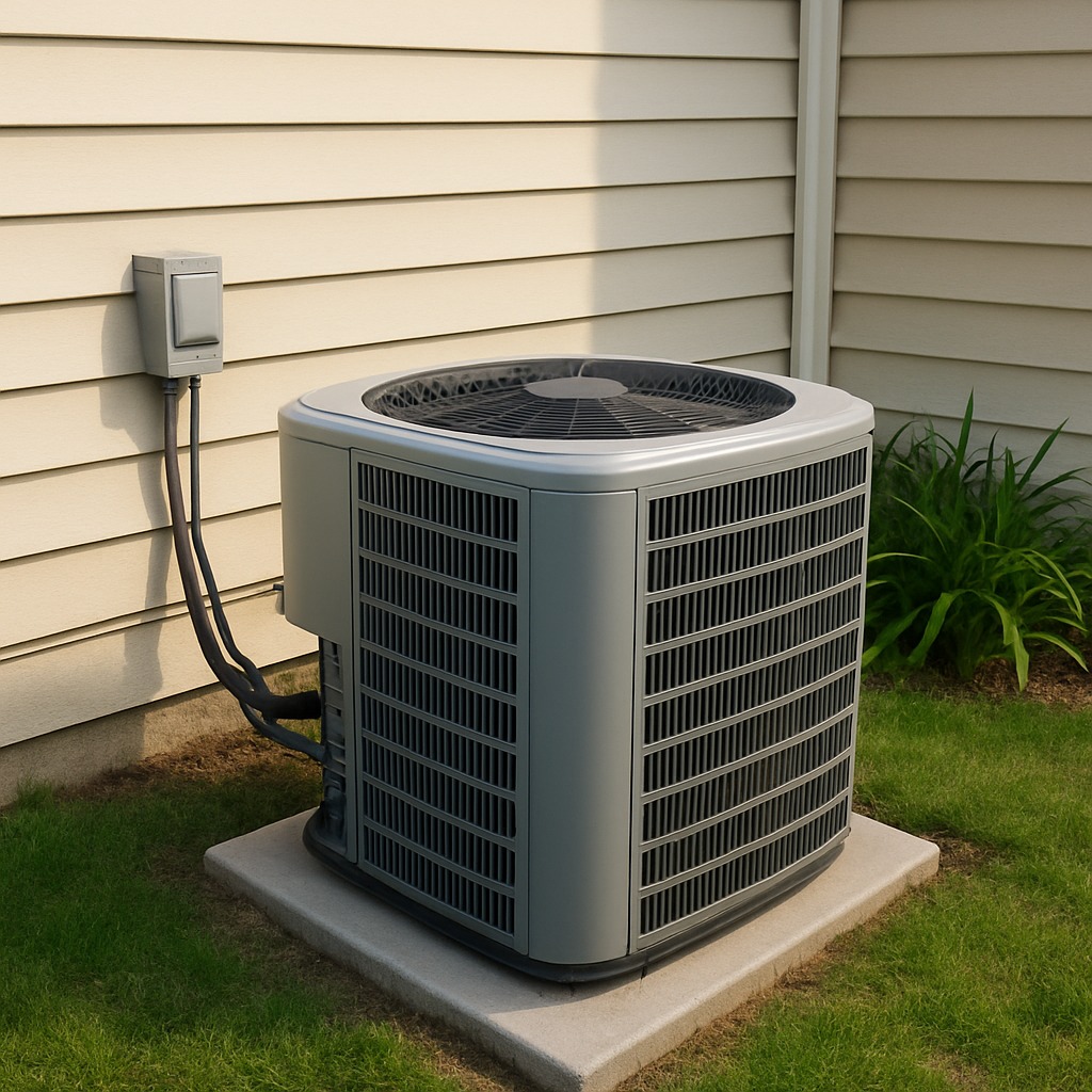 Outdoor AC condenser unit completely silent and unresponsive on a hot summer day beside a residential home.