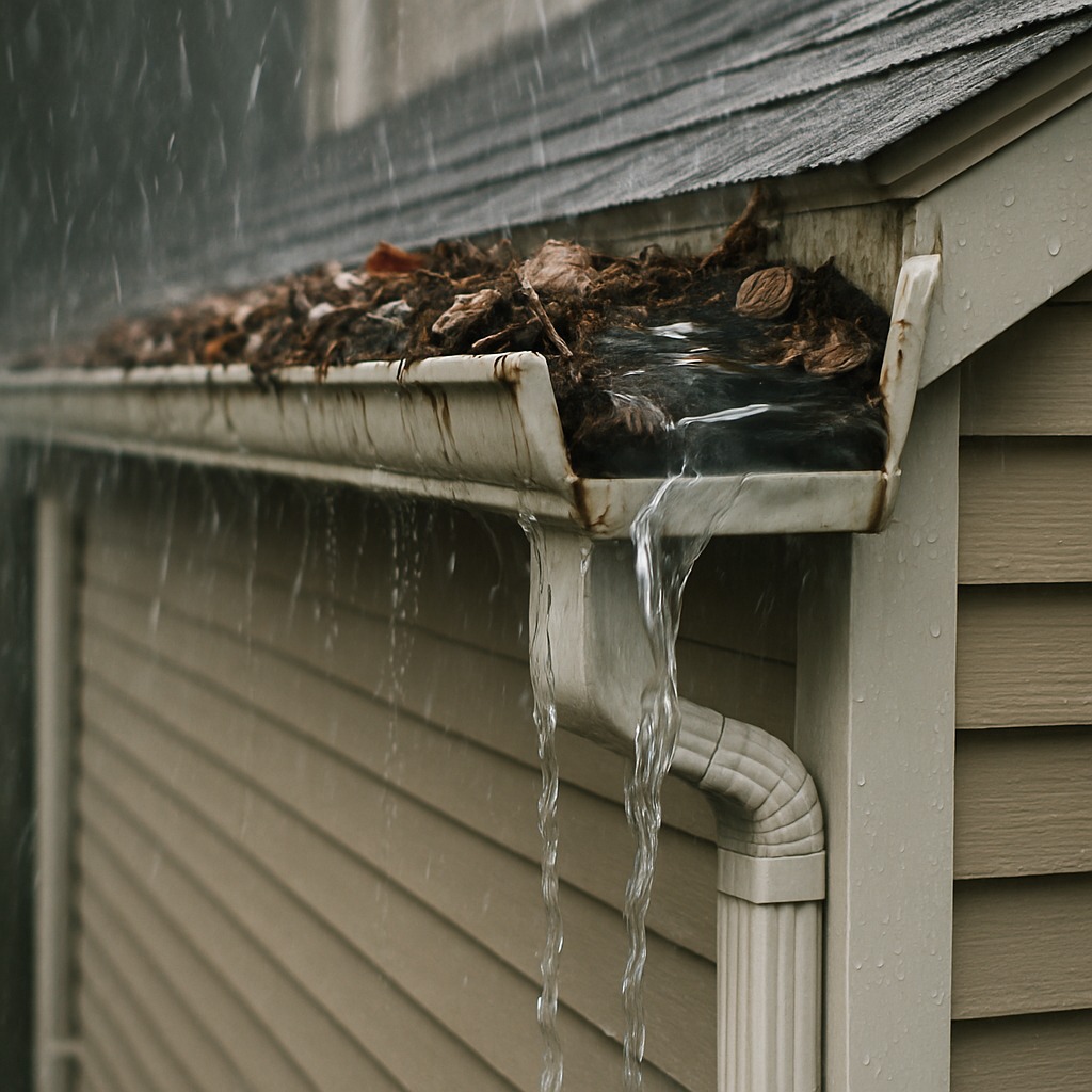 Water overflowing from a clogged residential gutter filled with wet leaves during heavy rain