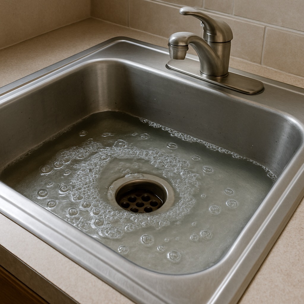 Close-up of a stainless steel kitchen sink with standing water pooled around a clogged drain opening.