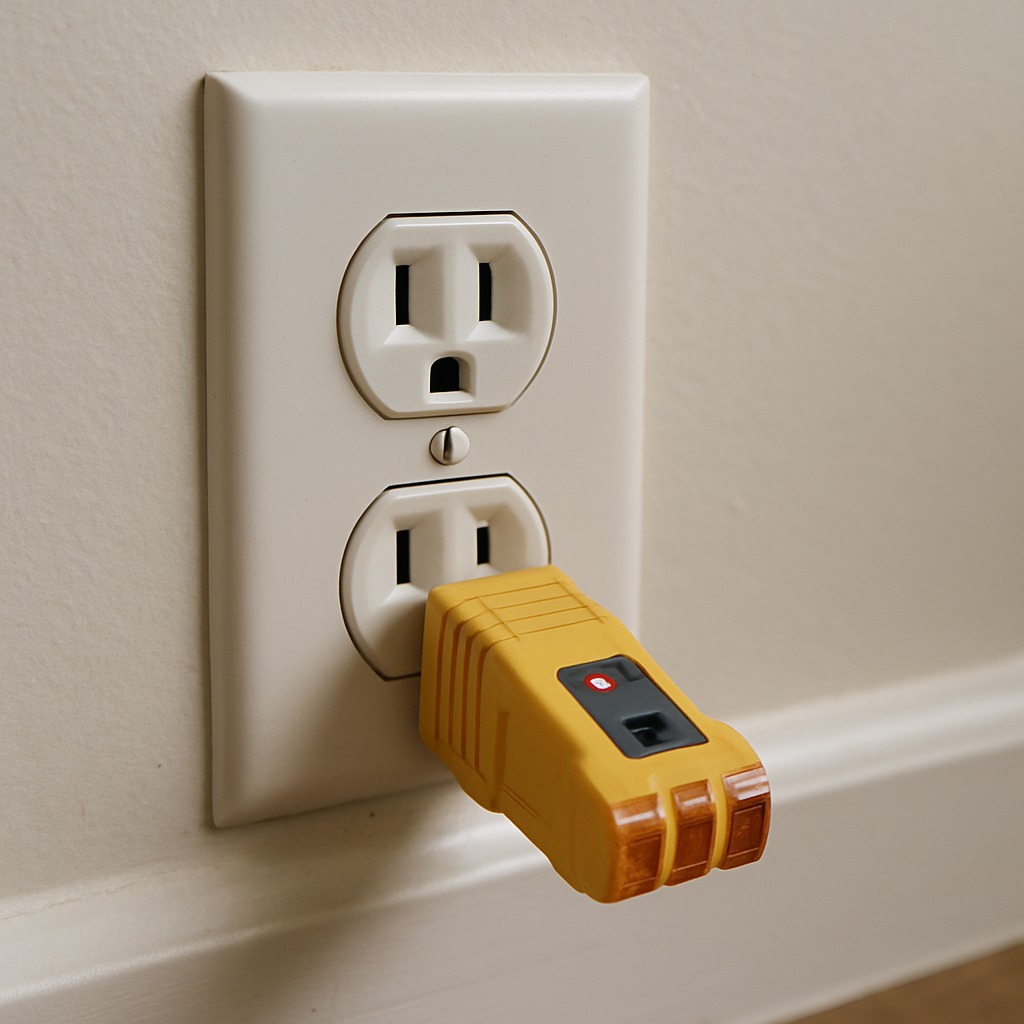 Close-up of a dead household wall outlet with visible scorch marks on white cover plate